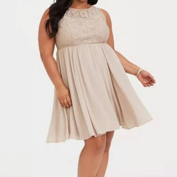 NWT Torrid Stone Beige Lace & Chiffon Skater Dress - Picture 1 of 8